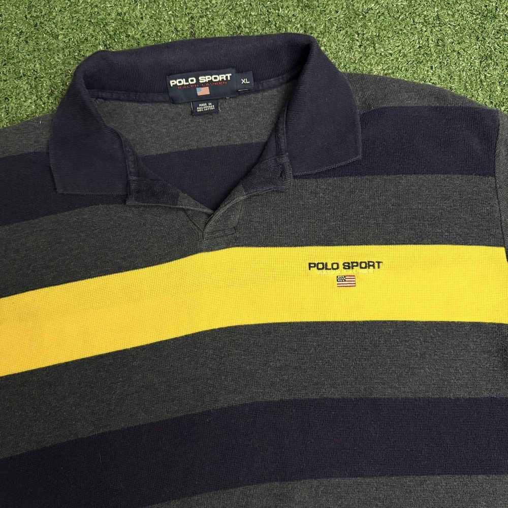Ralph Lauren Polo Sport Men's XL Blue Yellow Stripped Polo Cotton Shirt 90s